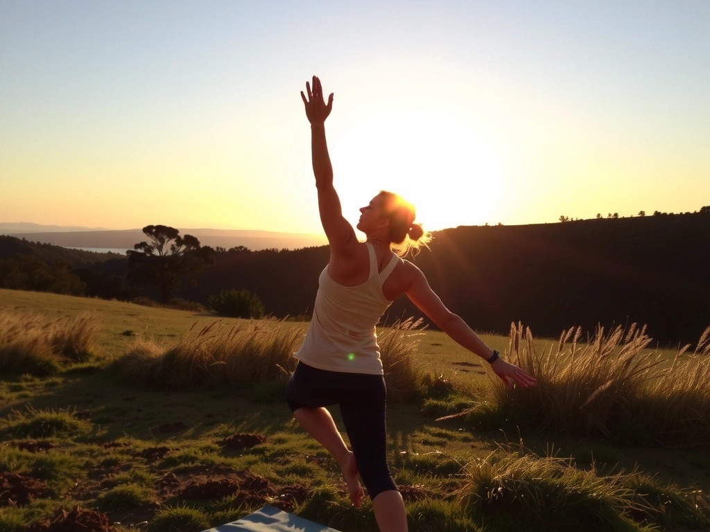 Mujer practicando yoga en un entorno natural al amanecer, irradiando vitalidad y paz.
