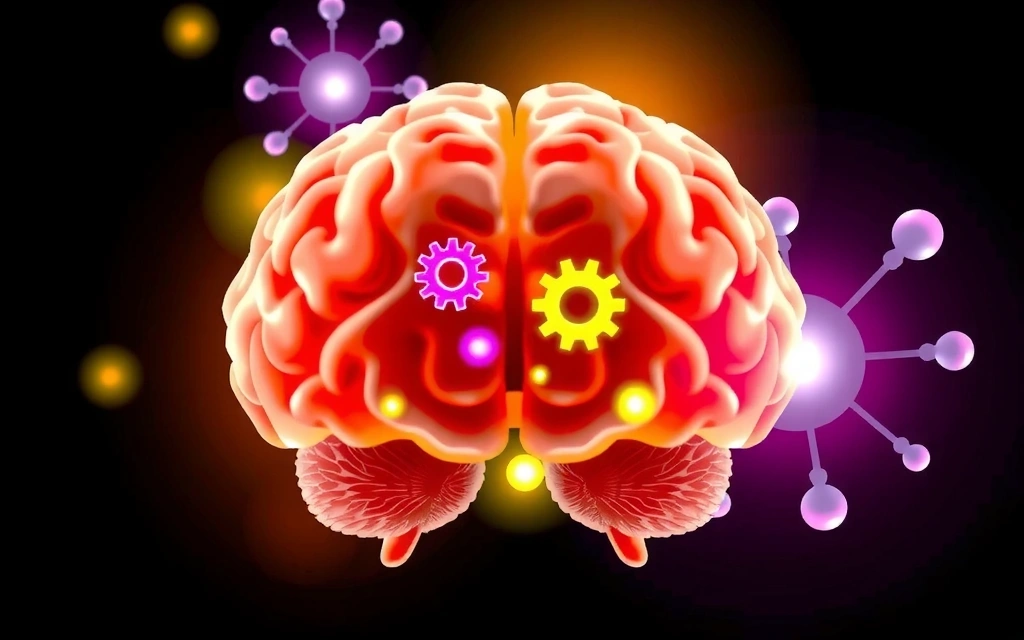 Ilustración vibrante de un cerebro humano con engranajes y símbolos de memoria y concentración, rodeado de nutrientes como Omega-3 y vitaminas B.