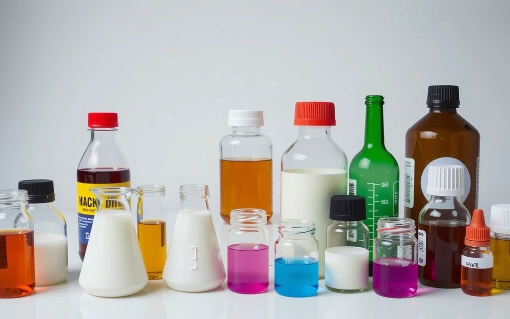 Ingredientes químicos y artificiales representados en tubos de ensayo y frascos, simbolizando lo que se debe evitar.