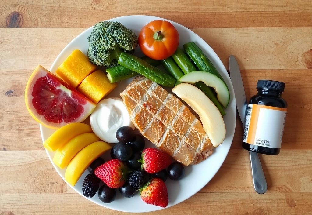Un plato de comida saludable (frutas, verduras) junto a un frasco de suplementos, mostrando que uno complementa al otro, no lo reemplaza.