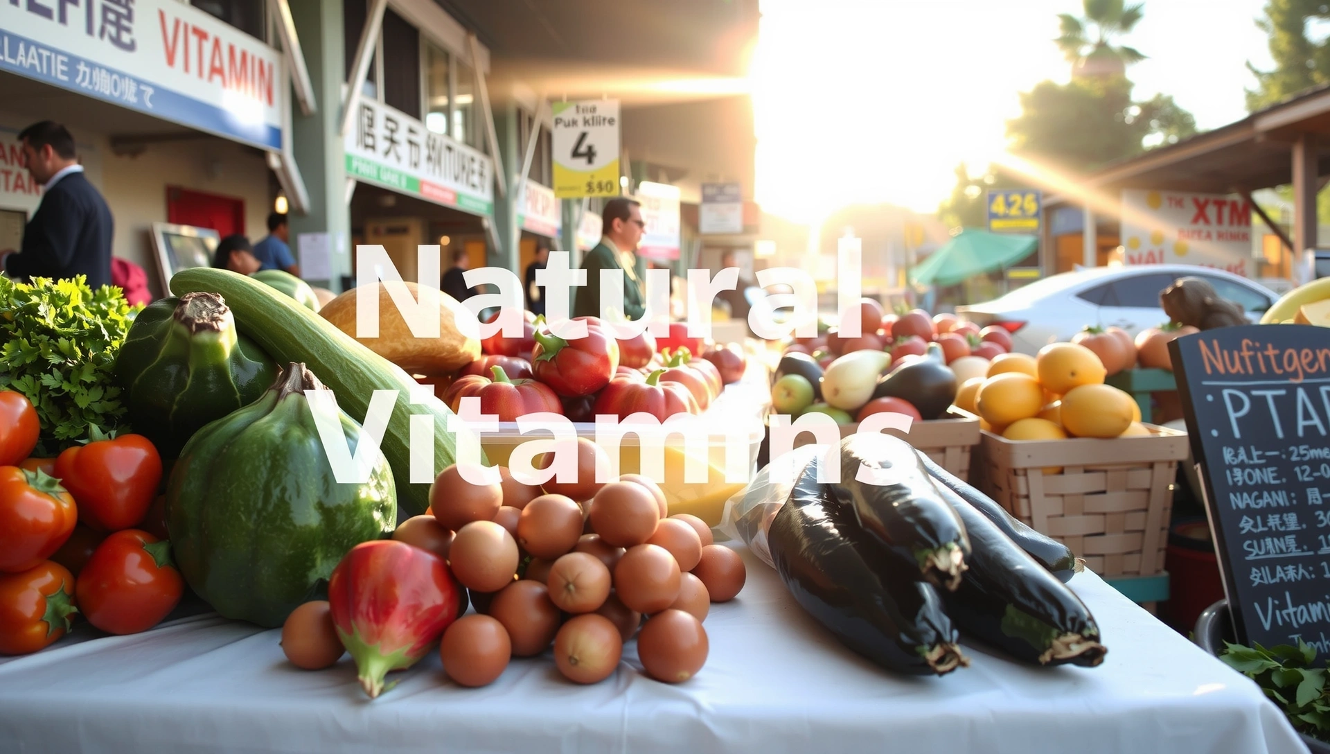 Frutas y verduras frescas y vibrantes en un mercado al aire libre, con luz solar brillante, simbolizando la abundancia de vitaminas naturales.