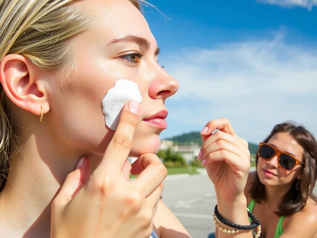 Persona aplicando protector solar en el rostro en un día soleado.