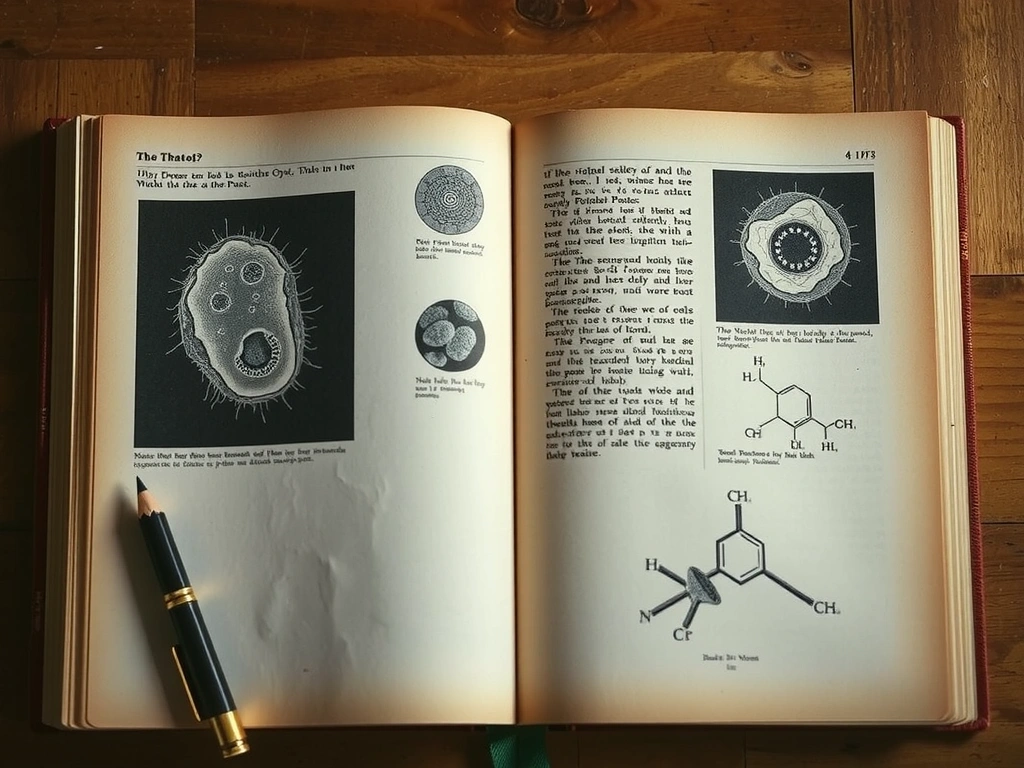 Open book with scientific illustrations and formulas, symbolizing research and knowledge