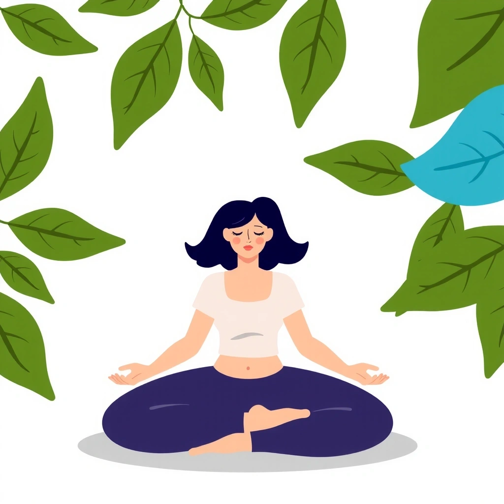 Persona meditando rodeada de hojas, simbolizando el alivio del estrés y el bienestar emocional.