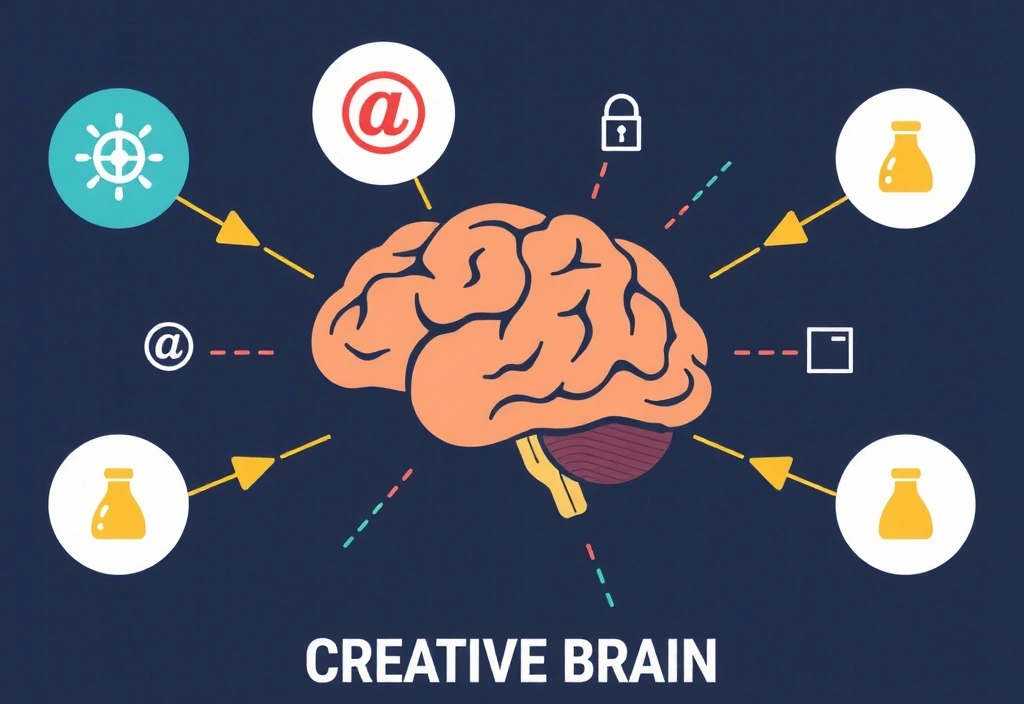 Iconos de copyright y marcas registradas rodeando un cerebro creativo